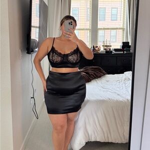 Fashion Nova Black Lace Bralette and Satin Skirt
